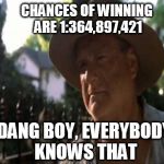 Joe Dirte | CHANCES OF WINNING ARE 1:364,897,421 DANG BOY, EVERYBODY KNOWS THAT | image tagged in joe dirte | made w/ Imgflip meme maker