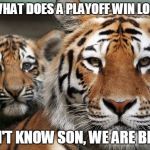 tigers bullpen with real tigers | DADDY WHAT DOES A PLAYOFF WIN LOOK LIKE? WE DON'T KNOW SON, WE ARE BENGALS. | image tagged in tigers bullpen with real tigers | made w/ Imgflip meme maker