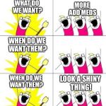 What do we want? | WHAT DO WE WANT? MORE ADD MEDS WHEN DO WE WANT THEM? WHEN DO WE WANT THEM? LOOK A SHINY THING! | image tagged in what do we want | made w/ Imgflip meme maker