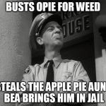 scumbag Barney | BUSTS OPIE FOR WEED; STEALS THE APPLE PIE AUNT BEA BRINGS HIM IN JAIL | image tagged in scumbag barney,memes,funny,andy griffith | made w/ Imgflip meme maker