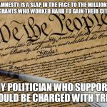 Constitution | AMNESTY IS A SLAP IN THE FACE TO THE MILLIONS OF IMMIGRANTS WHO WORKED HARD TO GAIN THEIR CITIZENSHIP; ANY POLITICIAN WHO SUPPORTS IT SHOULD BE CHARGED WITH TREASON | image tagged in constitution | made w/ Imgflip meme maker