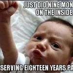 Most men spend the rest of their lives trying to violate parole. | JUST DID NINE MONTHS ON THE INSIDE; NOW SERVING EIGHTEEN YEARS PAROLE | image tagged in stay strong baby,baby,funny,memes | made w/ Imgflip meme maker