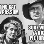 Possum Pie | THAT AIN'T NO CAT PA THAT'S A POSSUM; SURE WILL MAKE A NICE POT PIE FOR SUPPER | image tagged in beverly hillbillies,memes | made w/ Imgflip meme maker
