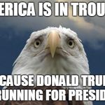 It's Sad To Be An American Eagle | AMERICA IS IN TROUBLE; BECAUSE DONALD TRUMP IS RUNNING FOR PRESIDENT | image tagged in sad american eagle | made w/ Imgflip meme maker