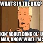 Dunehauer | WHAT'S IN THE BOX? TALKIN' ABOUT DANG OL', UM ... *PAIN* MAN, KNOW WHAT I'M SAYIN'? | image tagged in boomhauer,dune | made w/ Imgflip meme maker