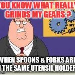 You know what really grinds my gears? | YOU KNOW WHAT REALLY GRINDS MY GEARS ? WHEN SPOONS & FORKS ARE IN THE SAME UTENSIL HOLDER ! | image tagged in you know what really grinds my gears | made w/ Imgflip meme maker