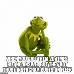 Kermit the frog | WHEN YOU CALL THEM 20 TIMES BUT NO ANSWER BUT THEY GOT THOSE INSTAGRAM POSTS ON FLEEK | image tagged in kermit the frog | made w/ Imgflip meme maker