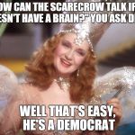 Democrat musings | "HOW CAN THE SCARECROW TALK IF HE DOESN'T HAVE A BRAIN?" YOU ASK DEAR. WELL THAT'S EASY, HE'S A DEMOCRAT | image tagged in good witch wizard of oz neoliberalism meme | made w/ Imgflip meme maker