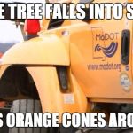 ModotSnowMemes | ENTIRE TREE FALLS INTO STREET; PLACES ORANGE CONES AROUND IT | image tagged in modotsnowmemes | made w/ Imgflip meme maker