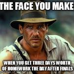 Indiana Jones Fedora | THE FACE YOU MAKE; WHEN YOU GET THREE DAYS WORTH OF HOMEWORK THE DAY AFTER FINALS | image tagged in indiana jones fedora | made w/ Imgflip meme maker