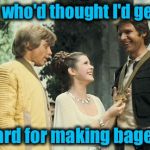 Not to be out done by the Empire, Han Solo wades into the Bagel Wars........ | Yea, who'd thought I'd get an; award for making bagels? | image tagged in han solo award ceremony,memes,han solo,star wars,funny memes | made w/ Imgflip meme maker