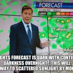 Glenn Burns Weatherman | TONIGHTS FORECAST IS DARK WITH CONTINUED DARKNESS OVERNIGHT... THIS WILL GIVE WAY TO SCATTERED SUNLIGHT BY MORNING | image tagged in glenn burns weatherman | made w/ Imgflip meme maker