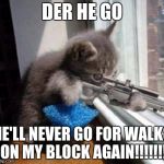 Sniper cat | DER HE GO; HE'LL NEVER GO FOR WALKS ON MY BLOCK AGAIN!!!!!!! | image tagged in sniper cat | made w/ Imgflip meme maker