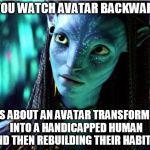 avatar | IF YOU WATCH AVATAR BACKWARDS; IT IS ABOUT AN AVATAR TRANSFORMING INTO A HANDICAPPED HUMAN AND THEN REBUILDING THEIR HABITAT | image tagged in avatar | made w/ Imgflip meme maker