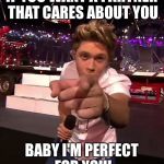 One Direction | IF YOU WANT A PARTNER THAT CARES ABOUT YOU; BABY I'M PERFECT FOR YOU! | image tagged in one direction | made w/ Imgflip meme maker