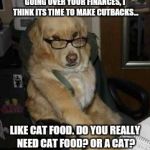 Tax time | GOING OVER YOUR FINANCES, I THINK ITS TIME TO MAKE CUTBACKS... LIKE CAT FOOD. DO YOU REALLY NEED CAT FOOD? OR A CAT? | image tagged in smart dog | made w/ Imgflip meme maker