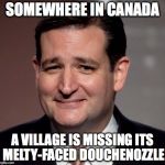 ted cruz | SOMEWHERE IN CANADA; A VILLAGE IS MISSING ITS MELTY-FACED DOUCHENOZZLE | image tagged in ted cruz | made w/ Imgflip meme maker