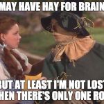 Dorothy and scarecrow | I MAY HAVE HAY FOR BRAINS; BUT AT LEAST I'M NOT LOST WHEN THERE'S ONLY ONE ROAD | image tagged in dorothy and scarecrow | made w/ Imgflip meme maker