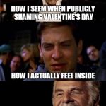 Valentine's Day | HOW I SEEM WHEN PUBLICLY SHAMING VALENTINE'S DAY; HOW I ACTUALLY FEEL INSIDE; LOL!  JUST KIDDING VALENTINE'S DAY
IS STUPID | image tagged in memes,funny memes,dos equis,crying tobey,valentine's day | made w/ Imgflip meme maker