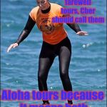 Surfing Cher | Instead of calling them farewell tours, Cher should call them; Aloha tours because it means both hello and goodbye. | image tagged in surfing cher | made w/ Imgflip meme maker