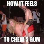 fat drunk chick | HOW IT FEELS; TO CHEW 5 GUM | image tagged in fat drunk chick | made w/ Imgflip meme maker