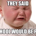 Crying baby is crying again | THEY SAID; SCHOOL WOULD BE FUN | image tagged in crying baby is crying again | made w/ Imgflip meme maker