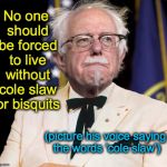 Colonel Bernie Sanders | No one should be forced to live without cole slaw or bisquits; (picture his voice saying the words 'cole slaw') | image tagged in colonel bernie sanders | made w/ Imgflip meme maker