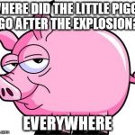 Where did the little piggy go? | WHERE DID THE LITTLE PIGGY GO AFTER THE EXPLOSION? EVERYWHERE | image tagged in pig,joke,explosion | made w/ Imgflip meme maker