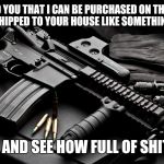 ar15 | SO HE TOLD YOU THAT I CAN BE PURCHASED ON THE INTERNET AND JUST SHIPPED TO YOUR HOUSE LIKE SOMETHING ON EBAY? TRY IT AND SEE HOW FULL OF SHIT HE IS | image tagged in ar15 | made w/ Imgflip meme maker