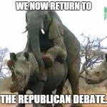 Elephant Rapes Rhino | WE NOW RETURN TO; THE REPUBLICAN DEBATE. | image tagged in elephant rapes rhino | made w/ Imgflip meme maker