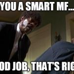 Pulp Fiction Say What Again | YOU A SMART MF... GOOD JOB, THAT'S RIGHT | image tagged in pulp fiction say what again | made w/ Imgflip meme maker
