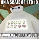 Baymax Guest Experience | ON A SCALE OF 1 TO 10; HOW WOULD YOU RATE YOUR DAY? | image tagged in baymax guest experience,scumbag,bad day,good day,funny,humor | made w/ Imgflip meme maker
