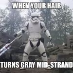 When your hair turns to the white side. | WHEN YOUR HAIR; TURNS GRAY MID-STRAND | image tagged in tr8r | made w/ Imgflip meme maker