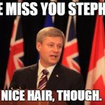Stephen Harper Podium | WE MISS YOU STEPHEN; NICE HAIR, THOUGH. | image tagged in memes,stephen harper podium | made w/ Imgflip meme maker