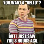 Why the INTJ type seems to be ignoring you | YOU WANT A "HELLO"? BUT I JUST SAW YOU 8 HOURS AGO. | image tagged in sheldon cooper,sheldon logic,mbti | made w/ Imgflip meme maker
