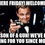 Leo pointing | YOU THERE FRIDAY! WELCOME BACK; YOU SON OF A GUN! WE'VE BEEN WAITING FOR YOU SINCE MONDAY! | image tagged in leo pointing | made w/ Imgflip meme maker