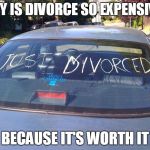 just divorced | WHY IS DIVORCE SO EXPENSIVE? BECAUSE IT'S WORTH IT | image tagged in just divorced | made w/ Imgflip meme maker