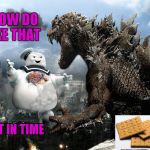 That should be enough S'mores to go around. | WELL HOW DO YOU LIKE THAT; YOU'RE JUST IN TIME | image tagged in godzilla vs staypuft marshmallow man,godzilla,staypuft,memes,when movies collide,funny | made w/ Imgflip meme maker