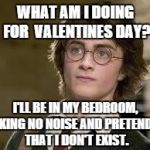 Harry Potter | WHAT AM I DOING FOR  VALENTINES DAY? I'LL BE IN MY BEDROOM, MAKING NO NOISE AND PRETENDING THAT I DON'T EXIST. | image tagged in harry potter | made w/ Imgflip meme maker