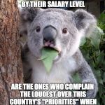 WTF Koala | THE PEOPLE WHO SAY A PERSON'S WORTH ISN'T DETERMINED BY THEIR SALARY LEVEL ARE THE ONES WHO COMPLAIN THE LOUDEST OVER THIS COUNTRY'S "PRIORI | image tagged in wtf koala | made w/ Imgflip meme maker