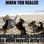 Dogs fight | WHEN YOU REALIZE; YOUR DOG HAS BEEN WATCHING TOO MANY MOVIES WITH YOU | image tagged in dogs fight | made w/ Imgflip meme maker
