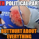 Butthurt: Level Expert | POLITICAL PARTIES; BO; TH; BUTTHURT ABOUT EVERYTHING | image tagged in bad day at the office,republicans,democrats,butthurt,everything | made w/ Imgflip meme maker