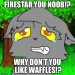 Firestar doesn't like waffles | FIRESTAR YOU NOOB!? WHY DON'T YOU LIKE WAFFLES!? | image tagged in firestar doesn't like waffles | made w/ Imgflip meme maker