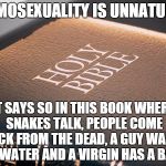 bible sucks | HOMOSEXUALITY IS UNNATURAL; IT SAYS SO IN THIS BOOK WHERE SNAKES TALK, PEOPLE COME BACK FROM THE DEAD, A GUY WALKS ON WATER AND A VIRGIN HAS A BABY | image tagged in bible sucks | made w/ Imgflip meme maker