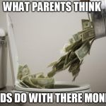 money down toilet | WHAT PARENTS THINK; KIDS DO WITH THERE MONEY | image tagged in money down toilet | made w/ Imgflip meme maker