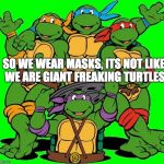 How would one get a disguise? | SO WE WEAR MASKS, ITS NOT LIKE WE ARE GIANT FREAKING TURTLES | image tagged in ninja turtles,face you make robert downey jr,one does not simply,ancient aliens,philosoraptor,kermit the frog | made w/ Imgflip meme maker