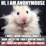 i express my views anonymousely | HI, I AM ANONYMOUSE; I DON'T MIND SHARING WHAT I HAVE WITH THE TRULY UNFORTUNATE; BUT, THOSE FAT RATS TOOK ALL MY CHEESE! | image tagged in anonymouse,memes,funny memes,political | made w/ Imgflip meme maker