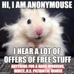 i express my views anonymousely | HI, I AM ANONYMOUSE; I HEAR A LOT OF OFFERS OF FREE STUFF; ANYTHING FOR A HARD WORKING, WHITE, U.S. PATRIOTIC MOUSE | image tagged in anonymouse,memes,funny memes,political | made w/ Imgflip meme maker