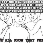 The Moment You Realize Your Dream Girl Doesn't Exist | THERE'S A 7:1 MALE-FEMALE SERIOUS GAMER RATIO. AND ONLY 14% OF THOSE GAMERS ARE ARELIGIOUS. AND ONLY 1% OF THOSE HEATHENS ARE VEGAN. AND ONLY 10% OF THOSE VEGANS DON'T IDENTIFY AS FEMINIST. YOU ARE GOING TO DIE ALONE. | image tagged in i know that feel bro | made w/ Imgflip meme maker