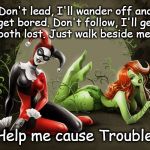 harley and ivy trouble  | Don't lead, I'll wander off and get bored. Don't follow, I'll get us both lost. Just walk beside me and; Help me cause Trouble! | image tagged in harley and ivy trouble | made w/ Imgflip meme maker